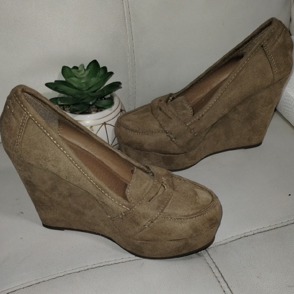 Soda Tan Suede Wedge Shoes